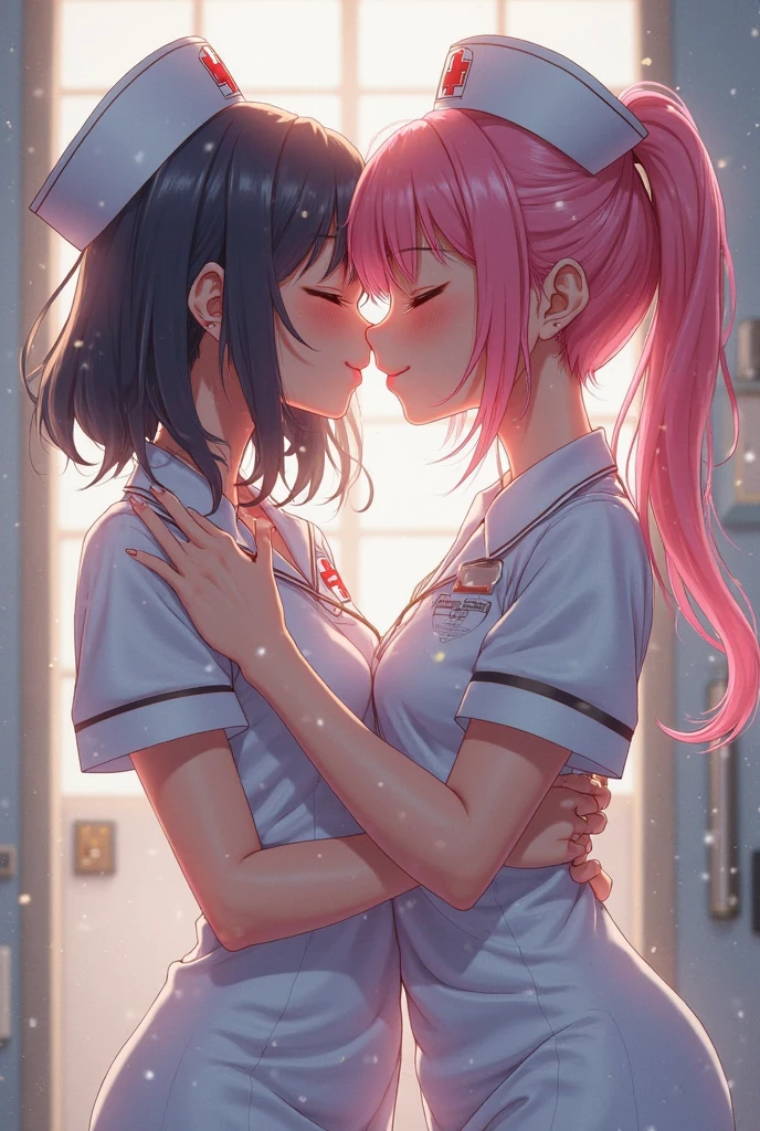 Two nurses having fun in the examination room、Lesbian Mika Perverted Acts、obscene、Tears、Desperate look、red blush、discreet breasts、peeing herself、the kiss