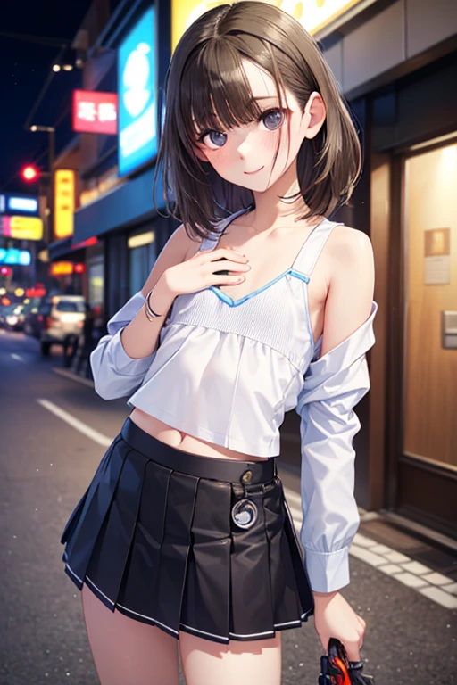 ((masterpiece, Highest quality, Very detailed)),
((natural cinematic lighting)),
One girl, 20 years old, gal-style makeup, black hair, bob cut, swept bangs, BREAK ((black eyes)), ((big eyes, droopy eyes)), thick thighs, medium breasts,
((lots of pierced earrings, silver chain necklace, silver bracelet)), ((bare belly button, belly piercing)),
looking at viewer, cowboy shot,
smile, ((open mouth)),
random porn pose,
BREAK ((sleeveless white dress shirt)), (cleavage), ((black pleated mini skirt with belt)),
(beautiful scenery), (panoramic view:1.3), ((Night City:1.3)), city, lanterns, street, (neon lights:1.1), starry sky overhead, (public:1.2),