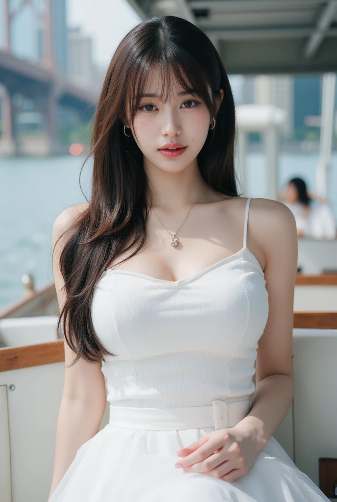 HomuraharaFemale, collared shirt, brown vest, long sleeves, black skirt, ((knee shot)), ((Large Breasts)), ((D cup)), ((I-type Valley)), ((Bare shoulder)), Visible cleavage，Highly detailed face and skin texture， Double eyelids，Skin Whitening，Long hair，Whitening long legs，Standing by the sea, Fashion Girl, Red lips, Sweet Girl, Beautiful makeup, detail, lifelike, Very detailed, Astonishing, beautiful, Young and energetic, high quality，HD, Colorful， Beautifully, Smooth skin, Official Art, Extremely detailed, Movie atmosphere, Soft colors, Natural skin texture, Random scene, random shooting Angle