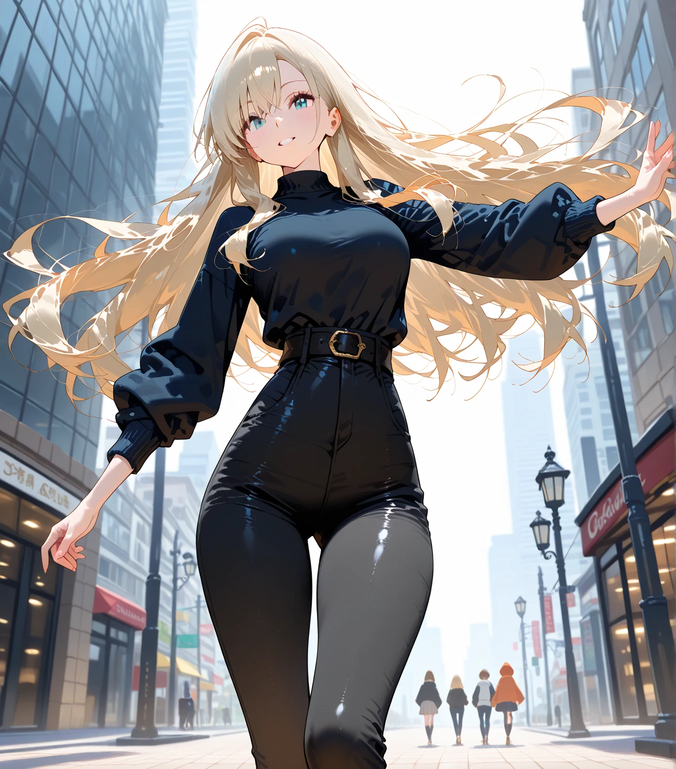 A young woman with long blonde hair, a beautiful figure, a pretty face, and a clear bra walks in the city amidst people.