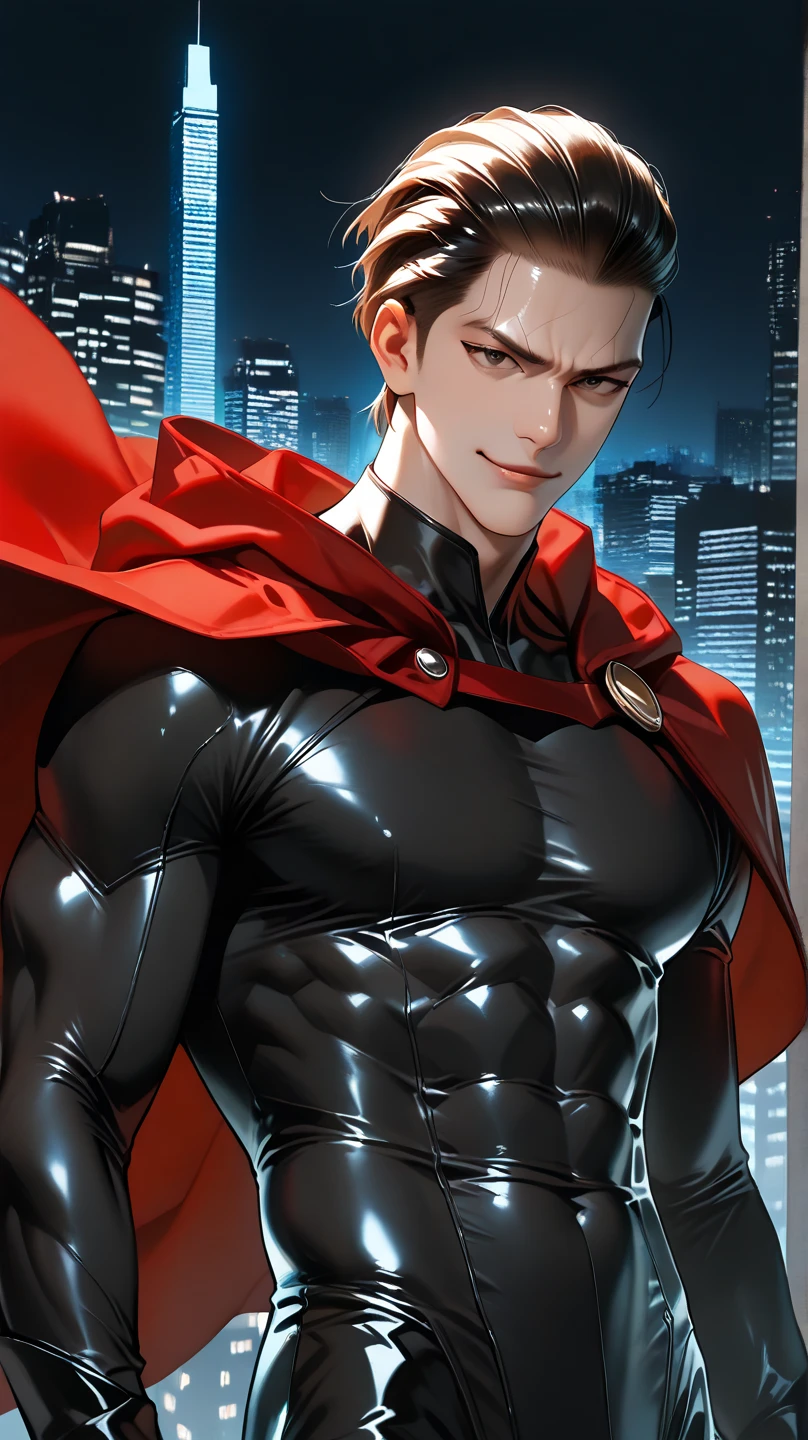 photography of a manhwa sexy man, a solo man, (((man))), ((masculine face)), (manly), 23 years old, handsome, realistic, (red eyes), expressive look, black hair, heterochromia eyes: red left & blue right, rose pale lips, (((dark background))), (((city backgtound))), shine hair, angular jaw, square shaped face, broad shoulders, tall, muscular torso, strong arms, shaven, black suit, black shirt, super detailed face, perfect body, perfect shapes, realistic image, award winning photography, 8k, (((perfect shiny eyes)))