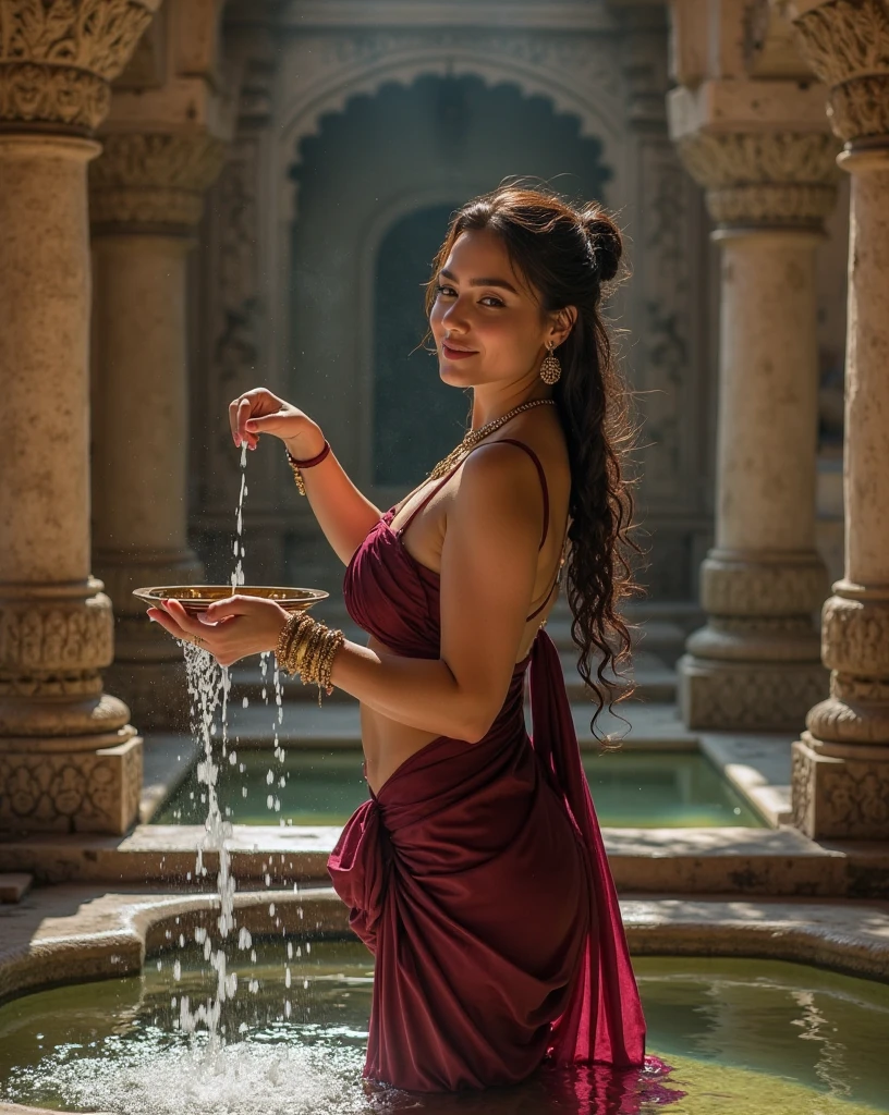 A very close picture of standing Indian, winding, hourglass figure, small Breasts swoop, no bra, pierced nipples, visible nipples, bend down and hanging breasts, Shows deep cleavage, Kneeling in ceremonies, French braid hair, necklace, Sexy maroon saree and not wearing bra, visible nipples, Sultry, Alluring eyes, Look at the viewer and smile, (Cinematic:1.3), Complex details, (ArtStation:1.2