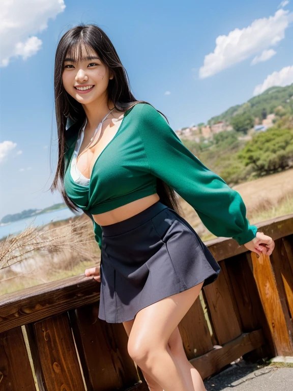 Hatsune Miku style real,(((Underwear in the skirt is visible)))、Nipple protrusion、pubick hair、{Sailor Suit}, pleats_Skirt, An ultra-fine illustrations, superfine illustration, 3D, full_Body, from a_Below, Thick_thighs thighs thighs thighs, Spread_Legs, Sweat, girl,Woman, 年轻,20 years old, Very long hair, Wavy Hair, Bangs, Twin-tailed, side locks, Green hair, multicolored hair, messy long hair, Authentic and detailed face, ^_^, complex details beautiful and delicate eyes, Human Hands, Medium_breasts, , Green eyes, Wet skin, Skindentation, Crop_Top, Bare_Legs, Black clothes, Beautiful and delicate purple light water surface, Outdoors, intricate light, Diffraction spikes, very fine 8K CG wallpaper, very fine 8KCG wallpaper, Hyper Detailed