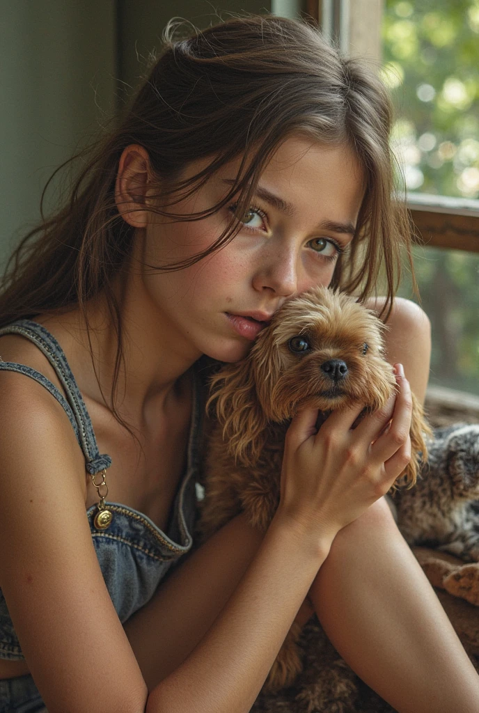 closeup, beautiful girl, random face, random ethnicity and hair color, black T-Shirt, (cute dog with adorable eyes, random breed), photo, photography