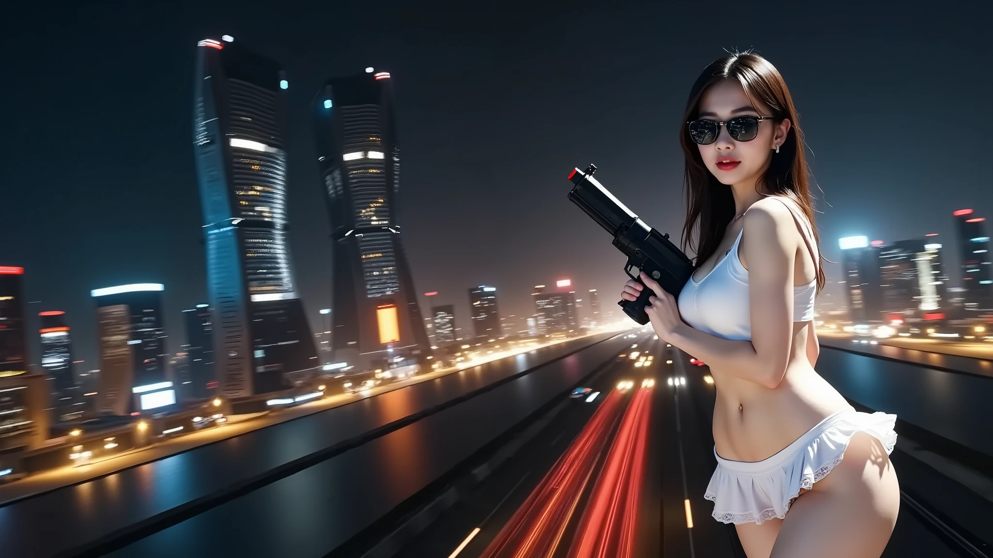 (Raw photography, 4K, masterpiece, hight resolution, very intricate), (Photorealsitic:1.4), Cinematic Lighting, (((((at night))))), (((1Girl, solo))), solofocus, Wet, full body Esbian,large breasts, Chest exposed, cleavage of the breast, wide open ass, pubic hair, Slim waist, eyes are brown, ((masterpiece:1.2)), top-quality, top-quality, Official art,the Extremely Detailed CG Unity 8K Wallpapers, artbook, a picture, (Brown hair long hair), Hair disheveled, aerial view of cyberpunk city, Expressive Hues, Vibrant Palette, B deficiency and white clothes, (((matrix style black micro sunglasses))), (((aiming with a short gun))), (((looking at camera))), (((very low view))).