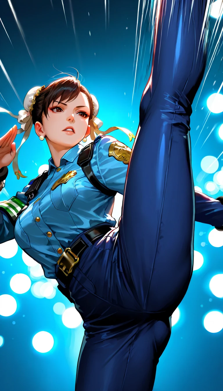 1girl, solo, naoto shirogane (p4), naotodacing, blue eyes, cabbie hat, beautiful, masterpiece, best quality, extremely detailed face, perfect lighting, solo, jack-o' challenge, flexible, spread legs, top-down bottom-up, pants, (suspenders between ass), fishnet thighhighs, high heels, blue shirt,