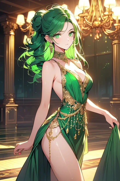 ((highest quality)), ((masterpiece)), (detailed), (Perfect Face)、The woman is Lydia, with long, asymmetrical green hair.、A gorgeous green long slit see-through dress that lets you see through to the skin, a see-through cape with fur, a necklace with jewels, a tiara, earrings, a head dress-up chain, a waist chain, bracelets, ankle bracelets, etc.々She wears lavish jewelry and shiny green boots.