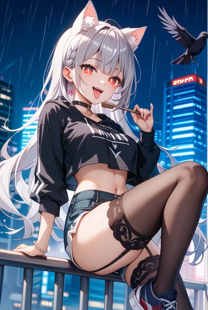 Abigail(destiny))、One girl、Gray Hair、Long Hair、Red eyes、amount、Third Eye、Side Lock、Parted bangs、Side Ponytail、Earrings、Baseball cap、Black jacket、Off the shoulder、Exposed shoulders、Tube top、Shorts、Fishnet tights、Asymmetrical legwear、Have a mobile phone、Sharp teeth、smile、Outdoor、Town、graffiti、night、Red Moon、