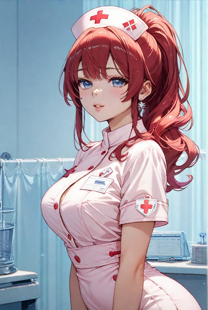 (Highest quality, 8k, 32K, masterpiece, Ultra-high resolution,:1.2),to be born, One Girl,So cute ,hospital, A fantasy background reminiscent of an electronic world, clear, Shining Eyes, Age 25 ,Fair skin, Red Haired Girl, Nurse uniform, An innocent smile, blue eyes, Pierced ears sparkle, An elegant necklace adorns her slender neck., Rings and bracelets decorate the fingers. expensive_Big Breasts, Big Breasts, doctor, Long Hair, Glasses, Sexy Costumes