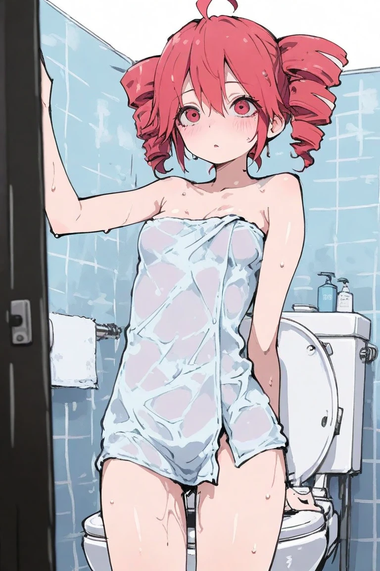 RanmaChan, cabello rojo, Cabello con trenza, ojos azules, ojos detallados, cuerpo completo, pose open door, coming out of bathing, toalla mojada, cara nerviosa,