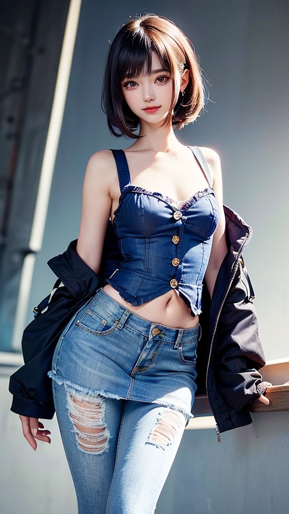 ((medium breasts, tomboy girl, small head)), (Well-defined abs: 1.1), (Perfect body: 1.1), (short curly hair: 1.2), brown hair, collar, chain, full-body shot, crowded streets, Clothes Black vest, denim jacket, ((shorts)), (Extremely detailed CG 8k wallpaper), (extremely delicate and beautiful), (masterpiece), (best quality: 1.0), (ultra-High resolution: 1.0), beautiful lights, perfect lightning, Realistic shadows, [High resolution], Delicate skin, Super details (((rich and colorful)))
