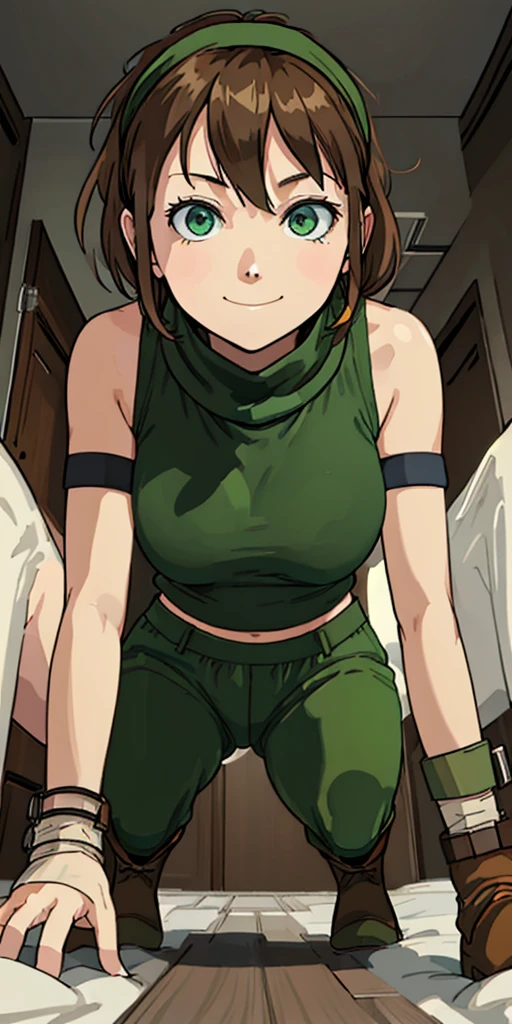 (masterpiece), (best quality),(emmasheen), (perfect ???????),1girl,1woman,(solo), volumetric lighting,short hair,brown hair,green eyes,green uniform,sleeveless, green gloves, belt,(white pantyhose), green boots,mature female, blushing, huge breasts, thick body,(spread legs wide:1),(arms behind head:1), (in the hotelroom), (Squatting on the bed:1.2),full body,by odanon