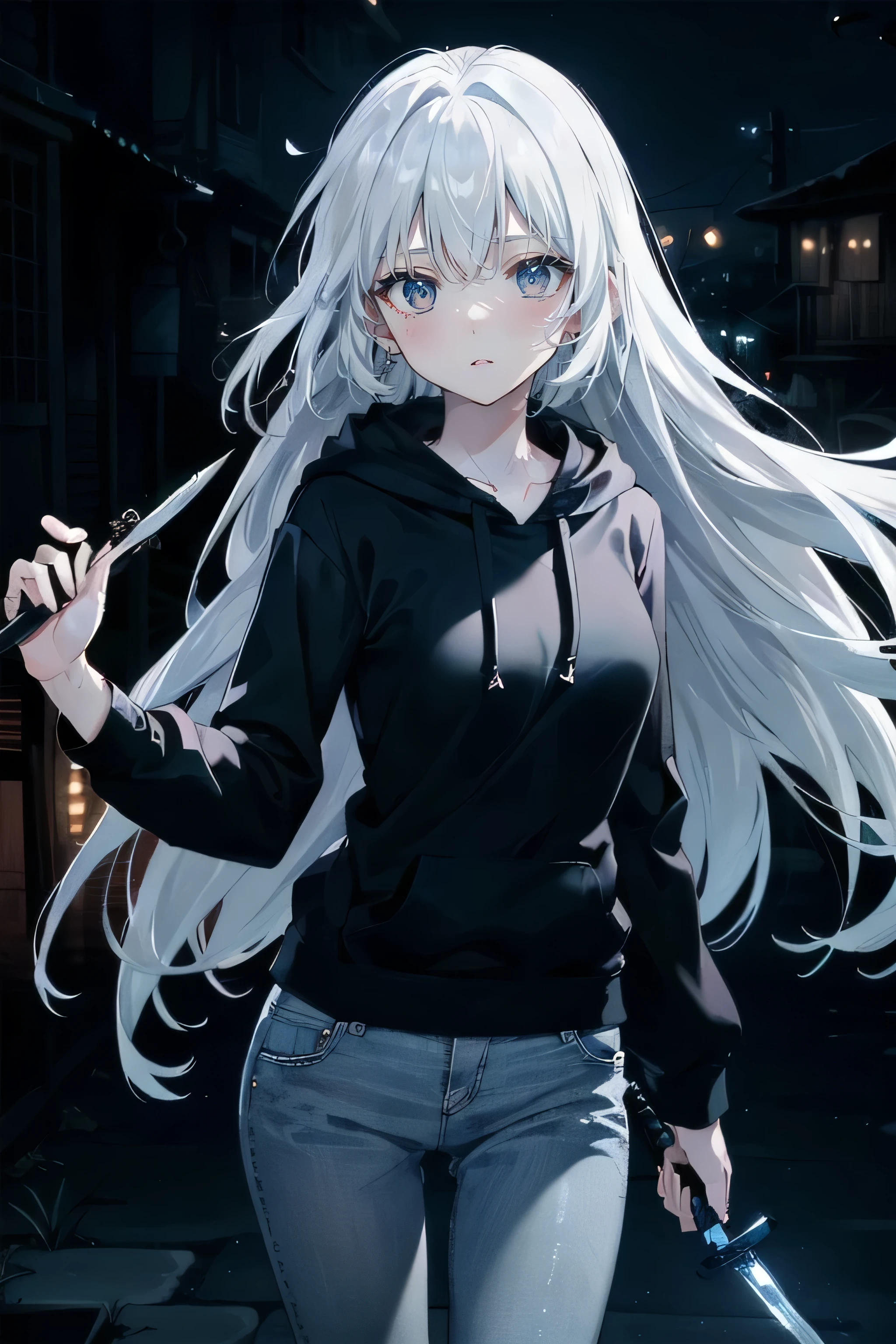 (masterpiece), (best quality), (ultra high resolution), (ultra detailed), High definition RAW color art, animation,sculpture, Silver Marble Skin, Ultra detailed elegant, finely detailed color, cenematic painting, ((holding dagger)), urban, ((night:2)), alley, ((slum)), ((high angle)), bishoujo, ((one lady)), beautiful and detailed face, detailed eyes, ,expressionless face, 20-year-old lady, cute face, white hair, absurdly long hair, straight hair, ((deep blue eyes:1.5)), Bokeh, silky Touch, hyper detail, textured skin, ( Super Detail), (top quality), beautiful eyes, elegant face, ((black hoodie)), long jeans, walking, slender body, small chest, dark background