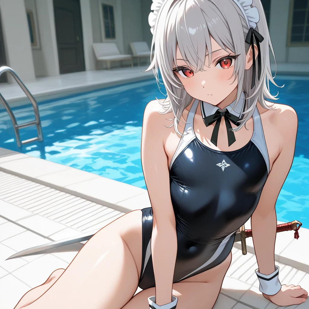 garota jovem, long white hair, wearing sexy black military clothes, blue colored eyes, pretty, breasts big, wide hip, with a shy face, in a hot spring, holding a pistol in his hand.