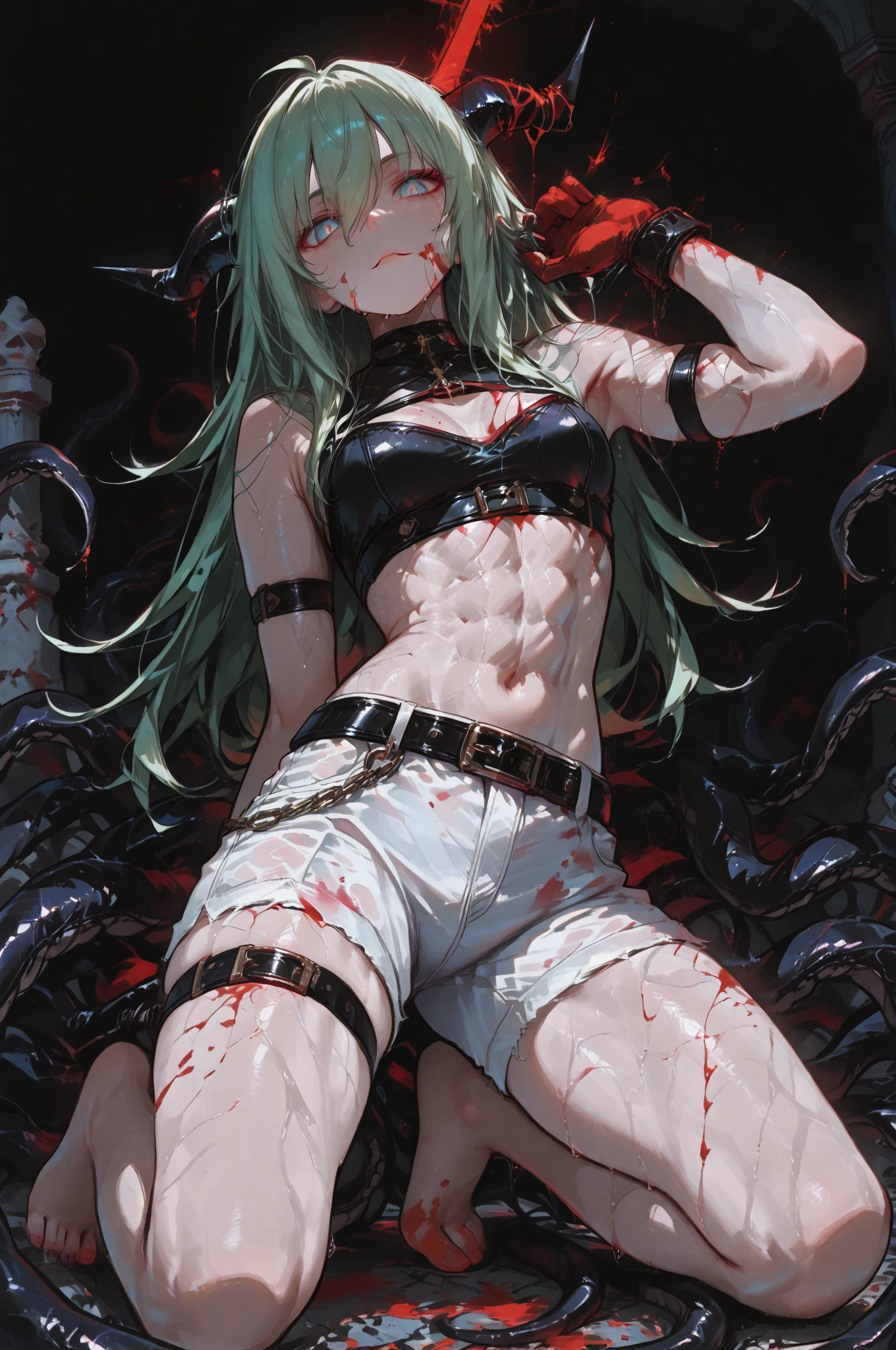 Zombie little girl，With vampire teeth，lie on the floor，Show crotch，white transparent，凸起sexy，There are on the street，watching，Spread the joy of leg presses，clothes in tatters，There are bite marks on the body，View from the side，pained expression，sexy，forward and backward，Half-kneeling position，There was blood all over his body，crazy，Bite marks all over the body，Skin changes，Growing claws，The protagonist is biting another little girl，Growing meat wings，Growing a meaty tail，Jack Shake
