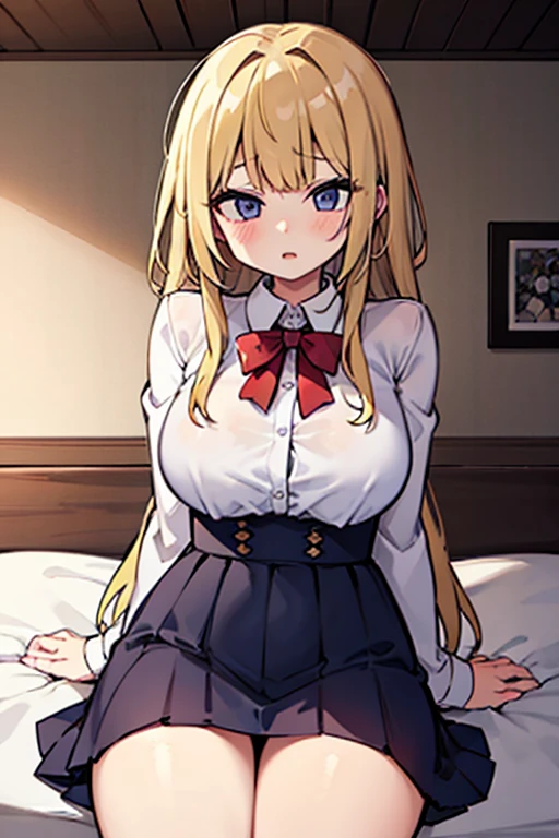 ((masterpiece)), (Highest quality), (detailed), (1 Girl), White collared shirt,Red eyes,Light brown hair、Long Hair、Wolf Ears、skirt,bed、Huge breasts、