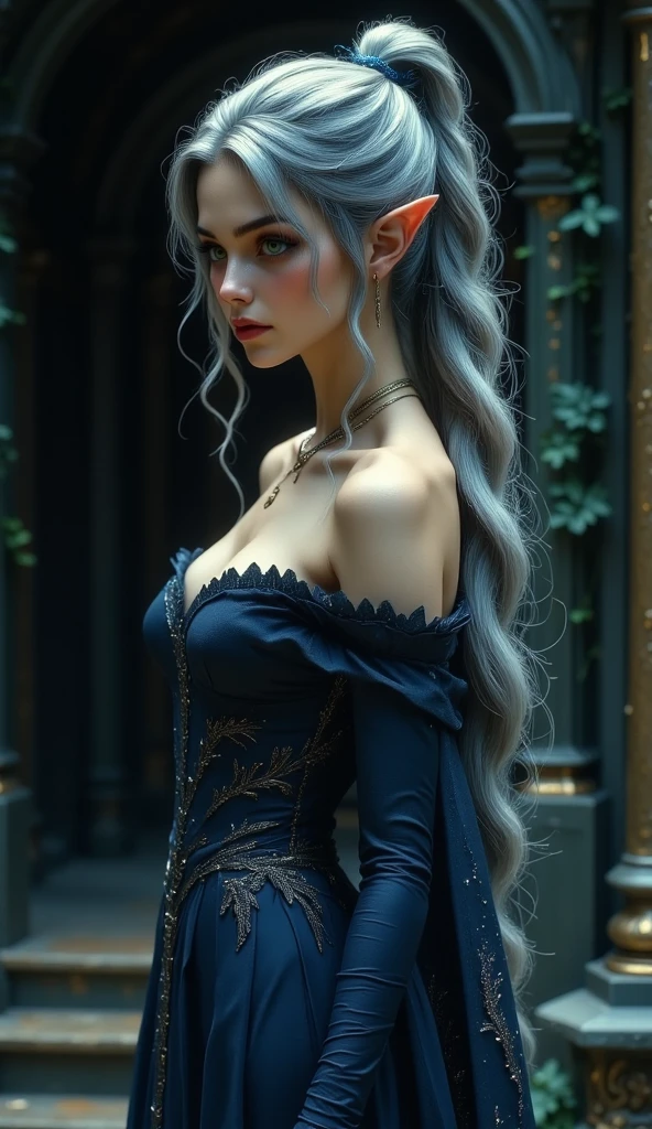 (elf woman), white hair, big breasts, slim waist, full body, tight dress, cleavage, highly detailed, very realistic, high resolution, very sexy artwork.