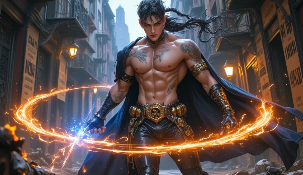 ultra detail, a high resolution, ultra detailed, Best quality, daemon, Red eyes, skinny, dark boy, Wizard, shirtless, Super muscular, sweat-drenched occultist, black hair, bang, elf, holding a bloody dagger,  wet tentacles wrap around the body
