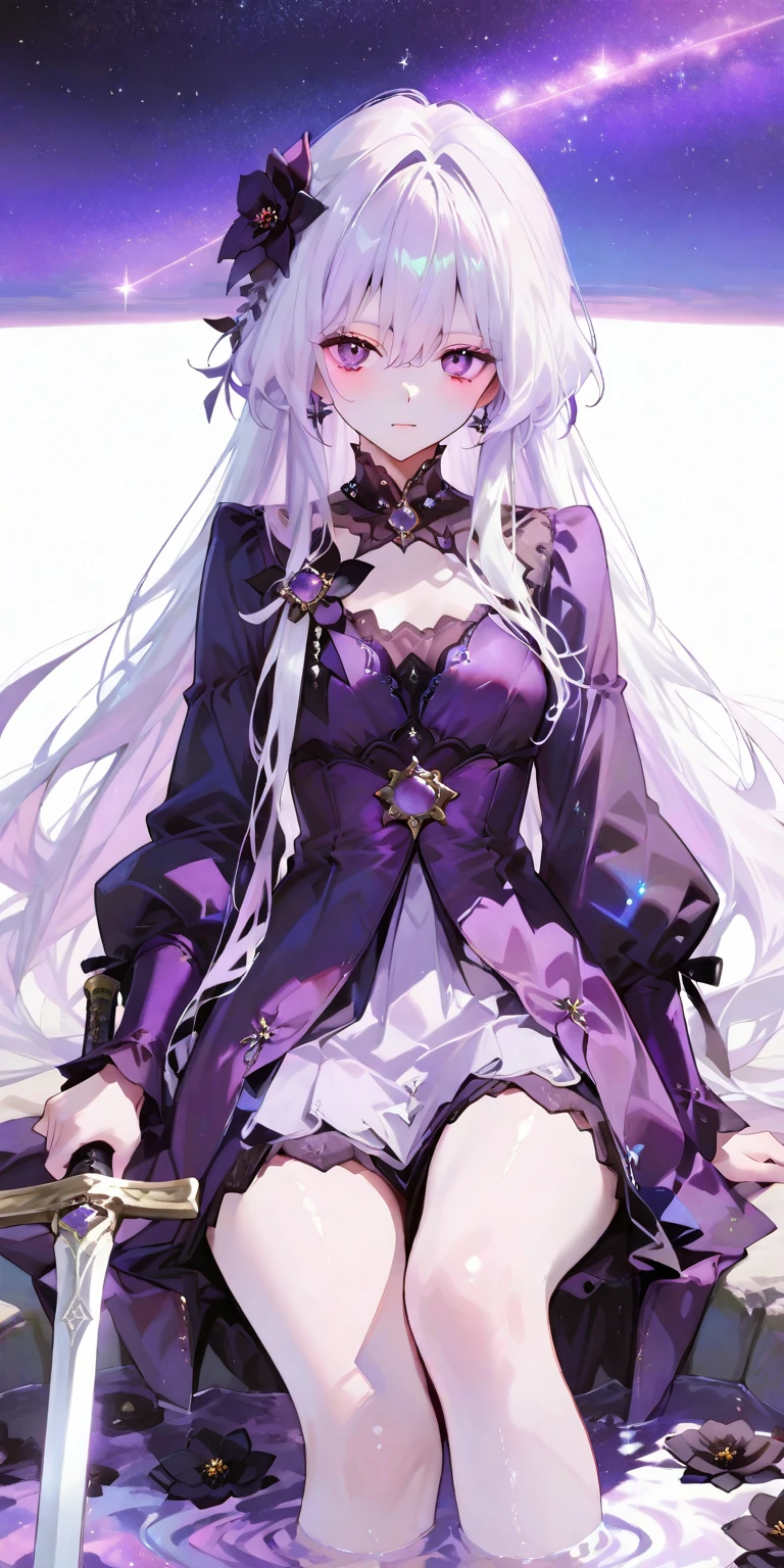 A werewolf beast girl with waist-length silver hair and purple eyes.