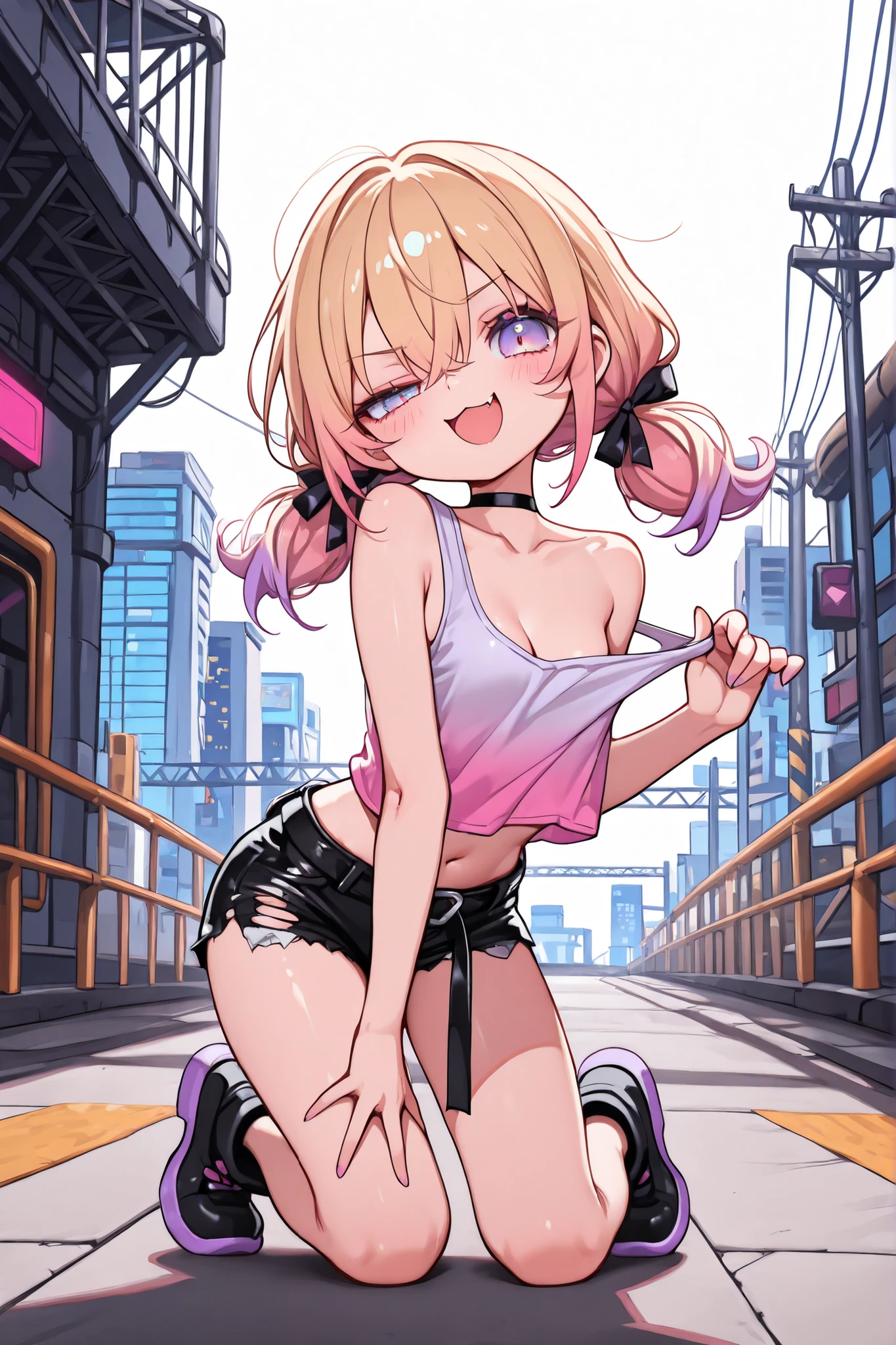 High quality、16 km race、anime screen capture、(((NSFW)))、(((bukkake)))、Lori、low length、(((smaller breasts)))、(obesity)、(thick thighs)、(Pink hair)、(((Wavy Hair)))、Ahoge、(Barrette)、 (short hair)、bob cut、(dripping sweat)、:d、one eye closed、(((wavy mouth)))、(Mouth wide open)、((Orange eyes))、white sleeveless shirt、Pink ribbon、yellow ruffle mini skirt、light blue striped knee socks、Light blue striped panties、yellow headphones、big ass、(cat pose)、(((embarrassing)))、both armpits、idol costume、on the light up stage、sitting on the floor、legs spread、