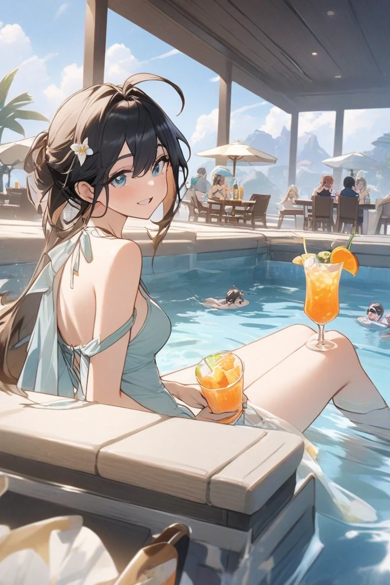 Half-length foreground of an attractive woman holding a cocktail glass(close up), There is a pool  scene with tropical flowers in the background. A group of happy handsome men and beautiful women celebrate a pool  scene of friendship., masterpiece, Intricately detailed exotic tropical island scenery movie scene tropical paradise    ( Correct and perfect anatomy ) Super detailed，complicated，Film perspective，The use of light and shadow in CG art is bright, High-quality animation style presentation