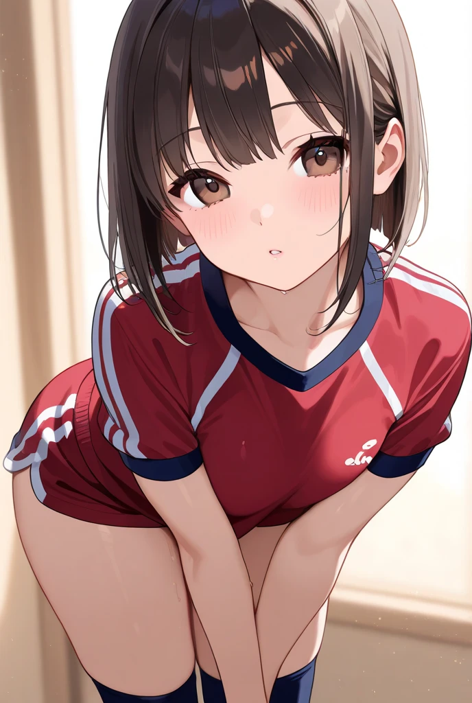 Hot anime girl wearing volley ball short and shirt hook sitting big hips