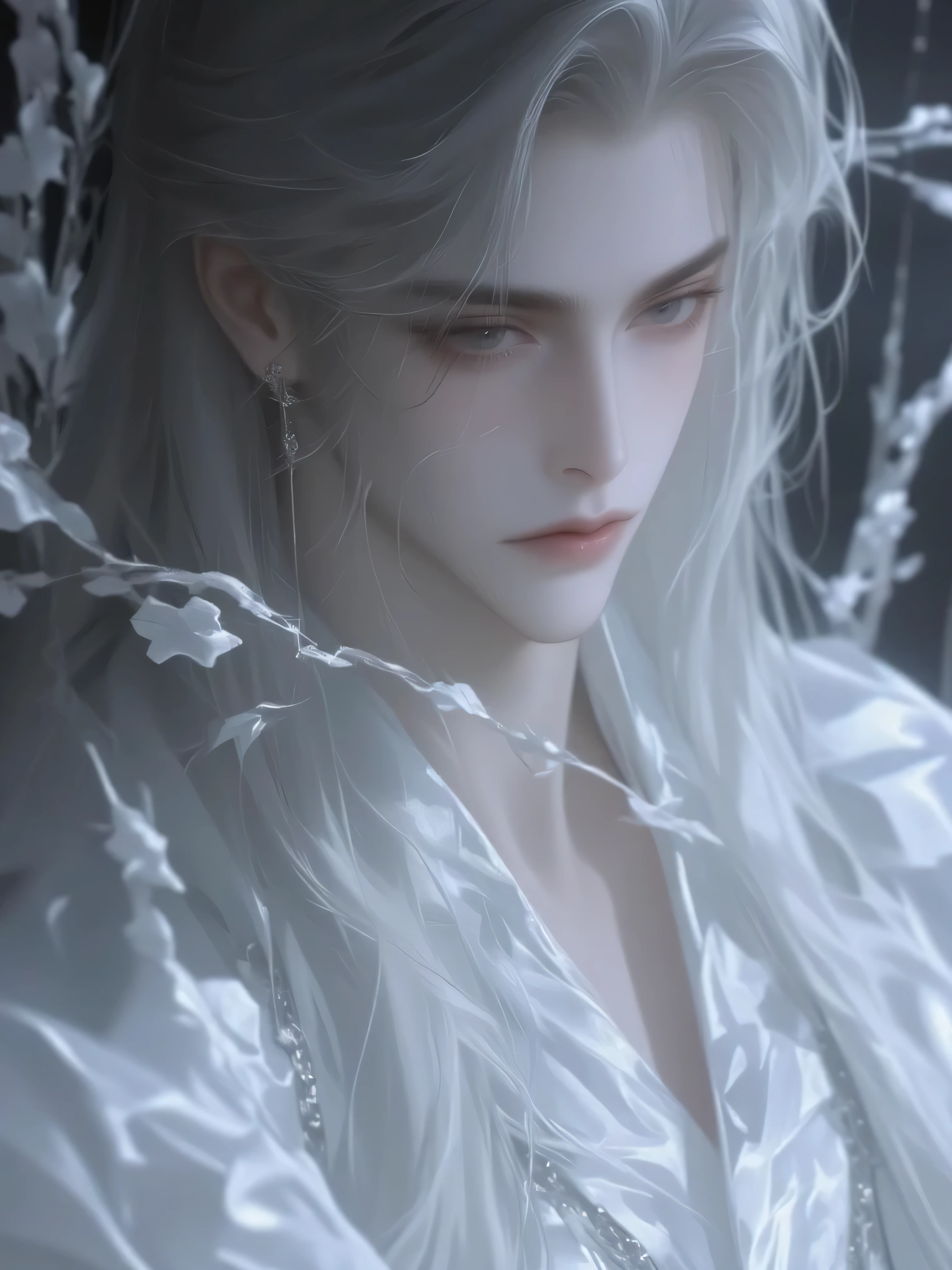a handsome man with long hair antique black hair,a handsome man with long hair, an ancient brunette in a fairy-looking white Hanfu, traditional Chinese clothing , Double eyelids,Japanese Manga Style,white hanbok