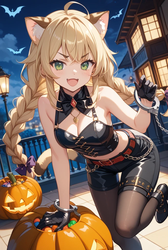 hight resolution、hightquality、ultra-detailliert、8k wallpaper、1人の女性、adult-like、Beautiful fece、Wearing a shark costume、Teeth are shark fangs、Kamimei、Melancholy is in the air、Lovers feeling、Be loved、Familiarity、Gold and black dress、Gold and black background、a blond、Sprinkled with Halloween pumpkins