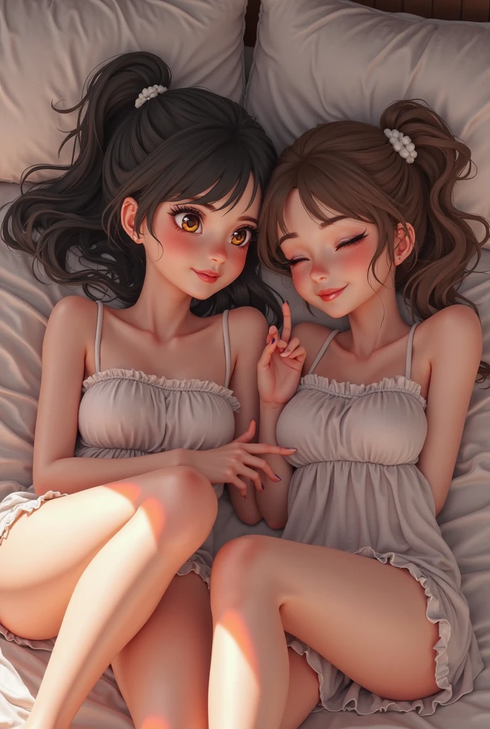 Two adorable young teen girls in cute, risque pajamas having a sleepover