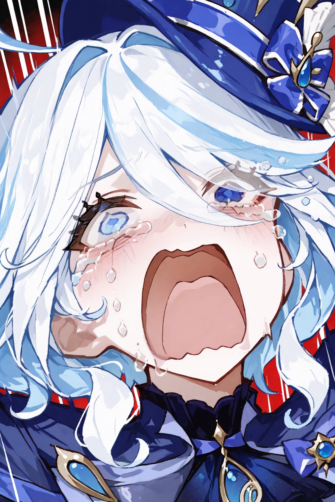 score_9, score_8_up, score_7_up, source_anime, solo, 1girl, mirabelle, aquascreaming, screaming, open mouth, crying with eyes open, white hair, ahoge, tiara, blue eyes, blue jacket, black leotard, white shirt, red bow <lora:concept_aquascreaming_ponyXL:1> <lora:mirabeaustudios_mirabelle_ponyXL:1>