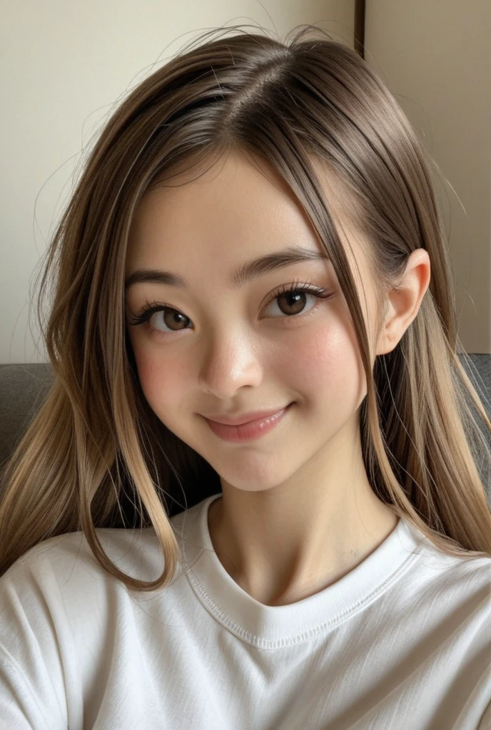 Highest quality, masterpiece, Ultra-high resolution,8K, (Realistic:1.6), (All fours portrait:1.4) RAW Photos, ((White-based mini skirt fashion)),((Up Facial)),girl,(Full of smiles, Showing teeth)), 26 talents,((Long hair side parting hairstyle)),((Looking up at the audience)),Face Focus:1.4,((Shooting from above with a fisheye lens:1.4)),