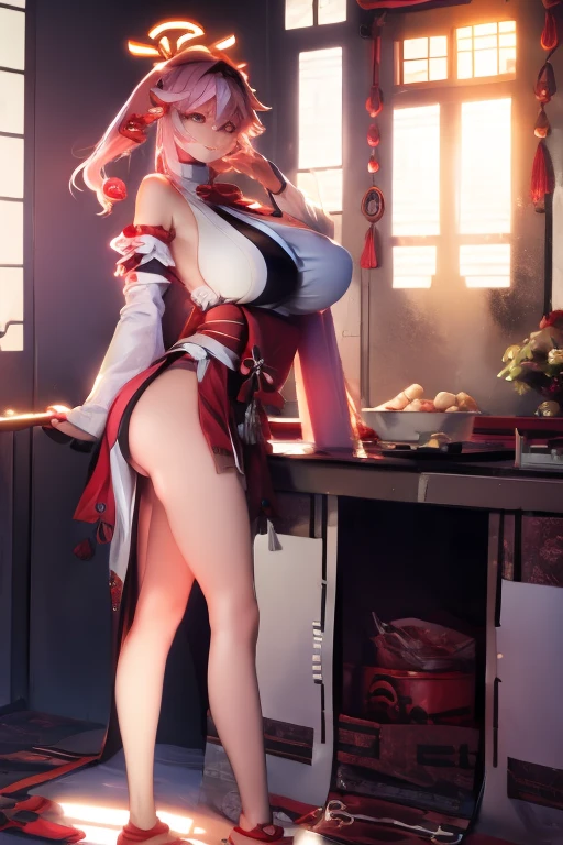 (masterpiece:1.3),(highly detailed:1.3),(highres:1.1),best quality,Ultra-detail,1girl,solo,kitchen,jelofolkwang,naked apron,((white apron)),ass,sideboob, unclear clothes , white pantie, ((perfect body)), salon,((take off pantie)),