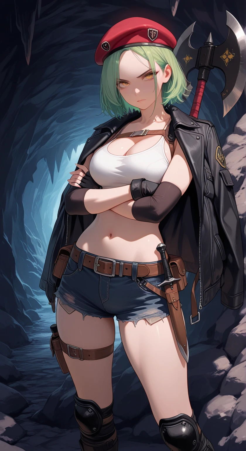 1 skinny girl, solo, light blue hair, (red and purple heterochromia), (red left eye and dark purple right eye:1.4), bending back, looking at viewer, BREAK, black plunging neckline short dress, dark yellow cropped jacket, black thighhighs, BREAK, (bouncing unaligned huge breasts:1.5), cleavage, very short torso, (inconceivably narrow waist), thin long legs, BREAK, holding a spear, BREAK, nsfw, (show off crotch:1.4), (excessive pussy juice:1.3), BREAK, desert, desert storm, strong wind, rocks at background