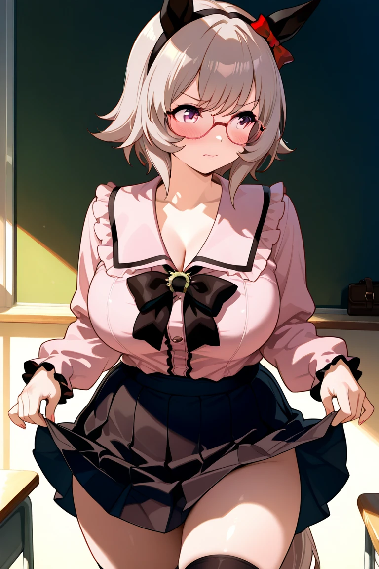 Browsing Caution, RAW Photos, Highest quality, High resolution, Realistic, Young Japanese Girl, 12 years old, blank, model, Big Breasts, short hair,Glasses, Wavy Hair, Curly Hair, Grey Hair, Silver Hair, Light brown hair, Are standing, ((Thin thighs)), Diagonal bangs, Cute Face, Glowing Skin, Beautiful body, Beautiful Skin, concentrate , Naked from below, (school uniform, Lead Bowtie, Black pinafore dress, A corset with attention to detail, Gothic, Frill dress, Beautiful embroidery, (Use your hands to lift your skirt:1.3) show, underwear, simple underwear,Camel Toe,Your own angle'Peeking from below,From the knee up
