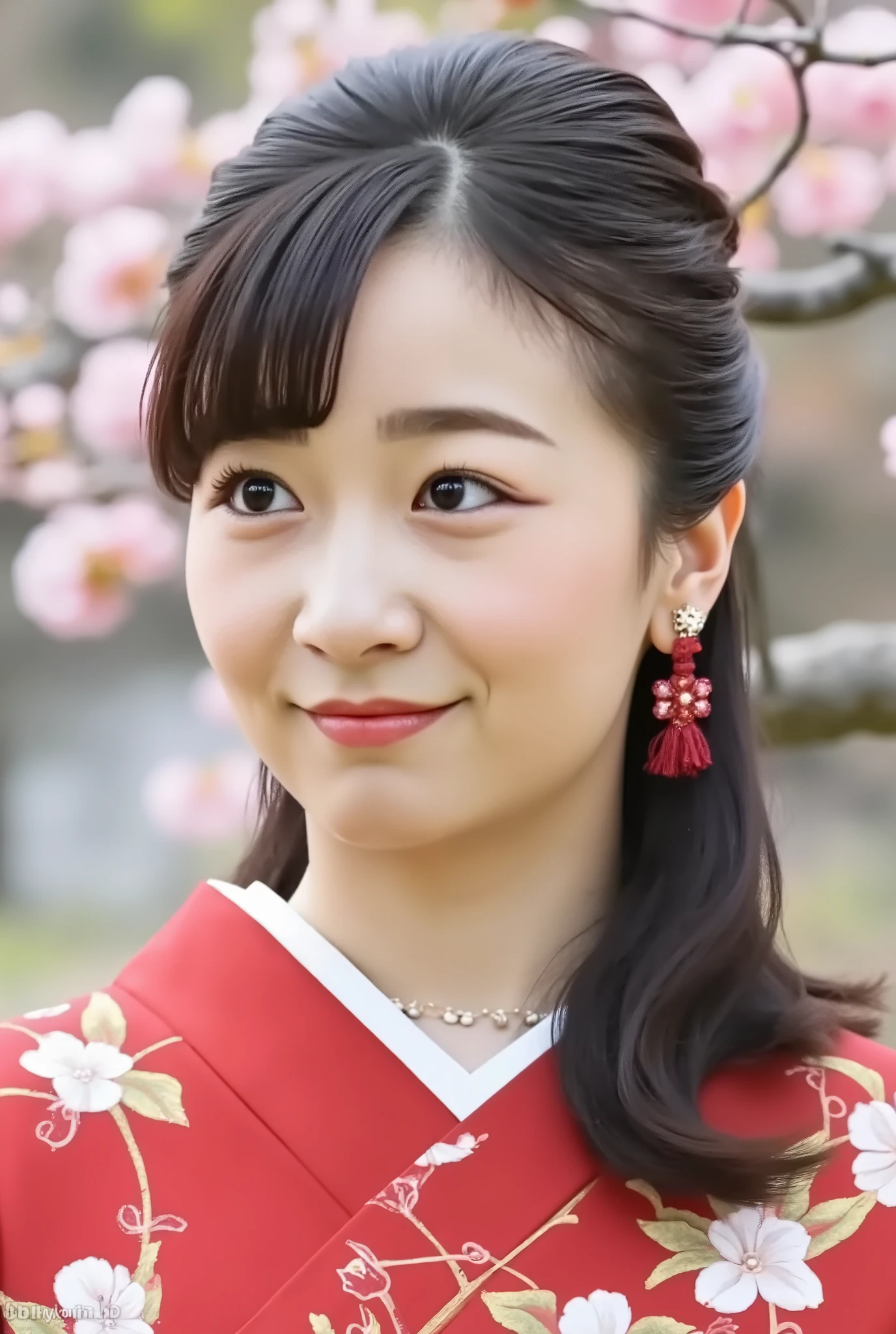 It depicts a beautiful Japanese woman in a kimono、shiny skin, large breasts:0.5, looking up, watching the view, beautiful hair, beautiful face, beautiful detailed eyes, (middle hair:1.5, japanese hair:1.5), wavy long brown hair, brown eyes, (((red floral kimono), hair ornament)), ((smile:1.5, open your mouth wide)), walking, (beautiful scenery), winter, dawn, (new year's day, first visit),crowd, snow, snowfall:1.5, freezing weather, frost, (8k, top-quality, masterpiece:1.2, extremely detailed), (photorealistic), beautiful illustration, natural lighting,((perfect anatomy, anatomically correct, super detailed skin)),