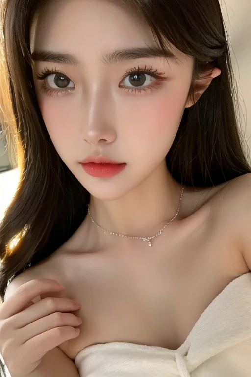 Canon RF 85mmf/1.2,masutepiece,Best Quality,超A high resolution,tu,1 girl,(Korean mixed,Kpop Idol:1.2),Solo,white_shiny_skin,Black eyes,Necklace,brown_long_Wavy_hair,Red lipstick bright_shiny_Lips,Eyelashes,Bangs,deal,make - up,shiny,Pore,skin texture,Bracelet,off shoulders,See-through,Big breasts
