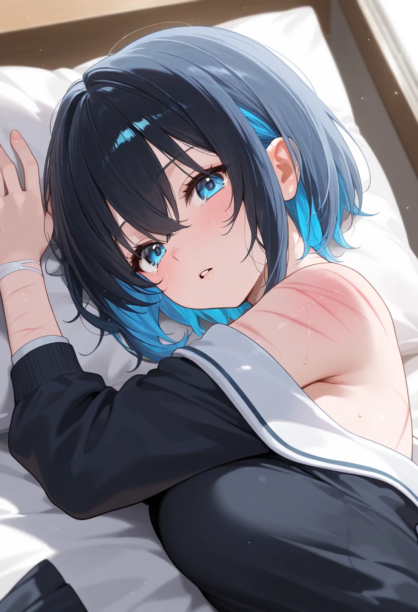 Woman with medium breasts lying on the bed with a detailed body thin white milk type detailed short black hair blue eyes Naked showing her vagina legs open upwards blush on her face expression of lust