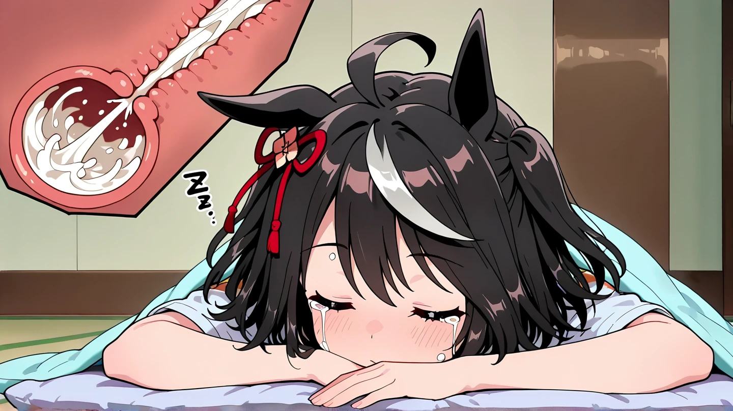 red eyes, huge tits, naked, hot look, face of being enjoying a lot, black hair, slim , long hair, much cum between her tits and face, neko ears, crying eyes, saliva coming out of the mouth, point of view of a man lying down while his penis eyaculating between her tits a lot
