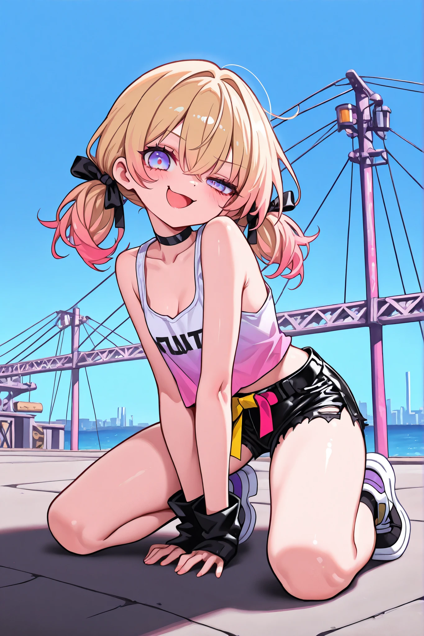 ((Masterpiece)), ((best quality, very aesthetic, absurdres, newest, detailed background, )), (8K), ((wide shot)), ((1girl)), (cute young girl), (Healthy Gaunt body, Textured skin, small chest, tilt head), Big eyes, ((pale purple eyes, gradient eyes, uneven eyes)), (crossed long bangs), low pigtails, gradient hair, (blonde hair, pink color Hair Tip, medium hair), ((smug, blush, open mouth wide)), cute cheeks, glossy lips, pouty lips, lower eyelashes, Beautiful collarbones, BREAK, (Cyberpunk sheer clothing, torn clothing, ribbon belt, pale pink sheer tanktop, cheap Fabric tanktop), (thin shorts, Black leather shorts), ((pulling tanktop, pull by self, slightly exposed cleavage)), loose kneeling against the rusty steel bridge, weird lightpole, (View of the sea and factory), Cluttered factory area, outdoor, midnight,