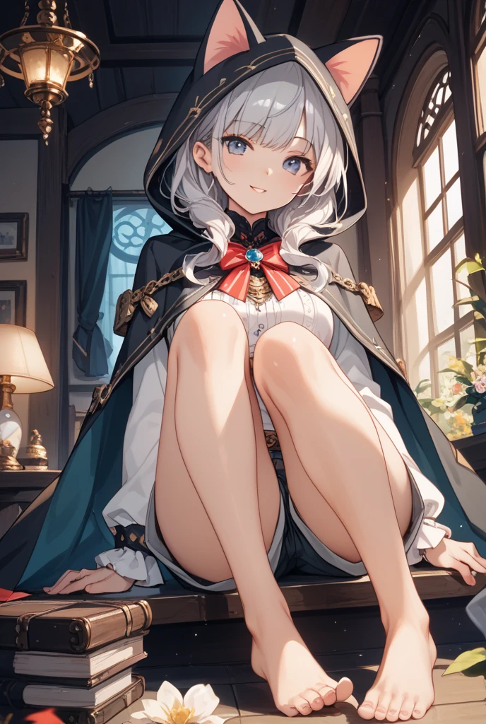 1girl, crown, pantyhose, solo, sitting, no shoes, indoors, blush, looking at viewer, white pantyhose, curtains, hair ornament, full body, feet, mini crown, bangs, short hair, dress, closed mouth, cape, underwear, white dress, window, fur trim, red eyes, panties, grey hair, panties under pantyhose, armchair, long sleeves, own hands together, orange eyes, white hair, couch