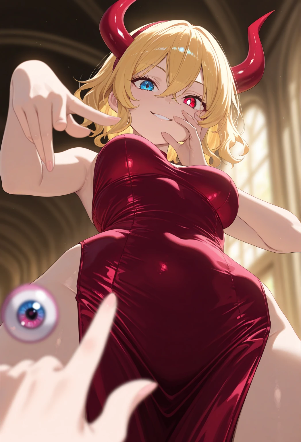 ((最high quality, High resolution)), ユニティ 8k wallpaper, (figure:0.8), (Hollow Eyes:1.6), Highly detailed CG, Night Time, One girl, (blush), Medium chest, smile, (Love Hotel:1.3,Love bed,Sleeping on your back on the bed), Clear skin, (Ecstatic expression), (masterpiece), wallpaper,high resolution,Bed with a night view,軽いsmile,Intricate details, beautiful, sexy, erotic, Obscene, Noise Reduction,Sensual,Seductive pose,Cute anime face,choker,high quality,(Anime Style),Sexual,Shiny Hair,(Magenta Microtube Dress),Blonde Hair,(Hollow Eyes),Mind control,((Open Bust、Nipples、Areola、Beautifully Shaped Breasts))