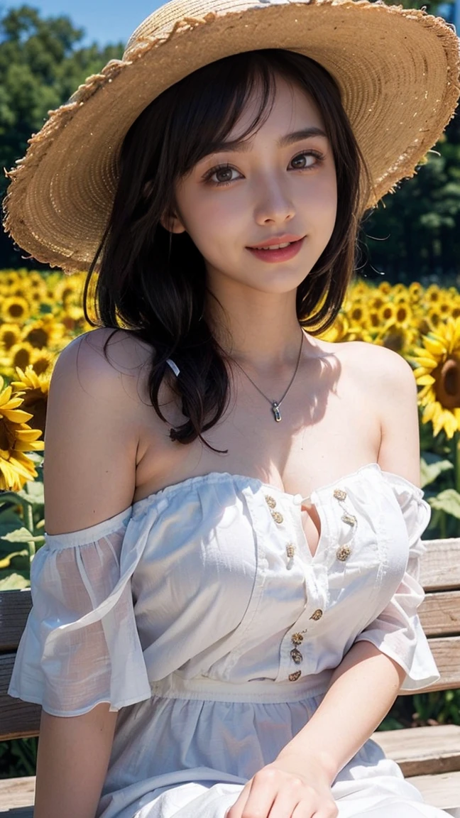 8K、RAW Photos、Highest quality、Super detailed、Super Resolution、Ultra HD、8K壁紙、Amazing details American blazer uniform girl ((White blouse with formal collar, Blue blazer, Blue plaid skirt, Red checkered ribbon on blouse)), Complete limbs, Full Finger,
A large sunflower field in the countryside、Straight road、Walk through the sunflower field,smile、sun、School bag、Heart Necklace
(((Emphasize cleavage)))
(((Full body photo)))
((Blue sky))