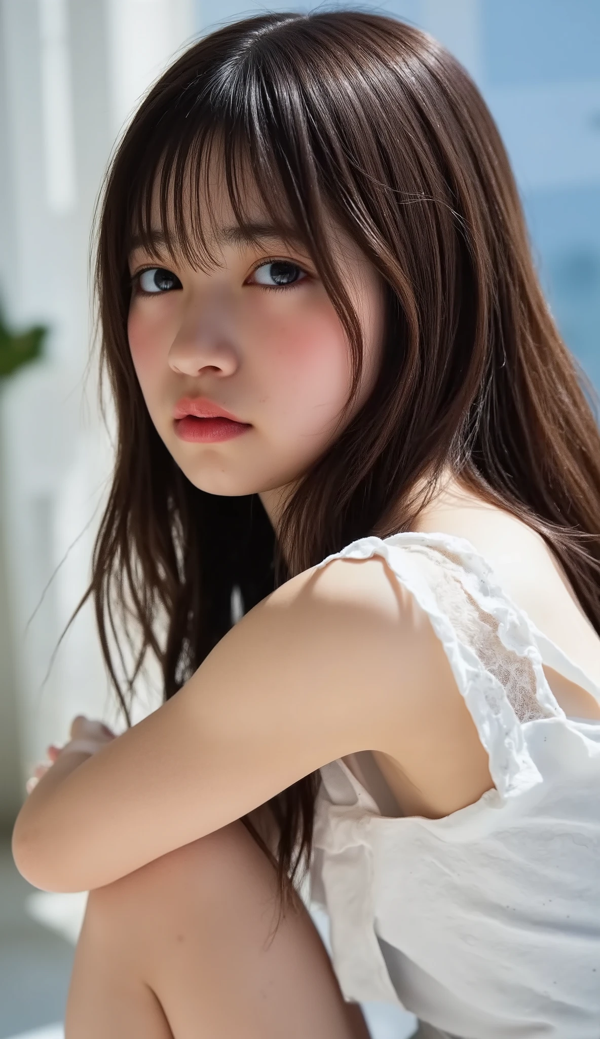 nsfw:7, (realistic, Biologically correct images, innocence, neat and clean, Highest resolution, masterpiece), (amazing beautiful thin skinny naked tween girl:10), (babyface:10, skinny small face:8, delicate:9, very skinny:8, thin:8, little:7, twiggy:7, underweight:9, cute, Lanky:9, young:4, short height as 135cm:5, mesugaki:5),
(no bra:5.9),
slipping nipples out from thin loose camisole,
(flat chest as tween little skinny girl:10, young cute puffy nipples as young little tween japanese girl:1.9, flat abs:4, delicate and narrow shoulders:7, Delicate clavicle:5, thin tights:7, tight waist:4, small ass:6, thin legs:5),
(keep spreading legs wide:4),
(choker:9, knee-high socks:9, cuteloli:4),
(keep staring straight into the camera:9),