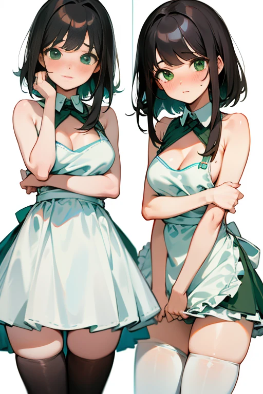 2 little girls, emerald, hair elastic, lingerie, GARTER BELT, garters, Stockings, volantes, arms behind the back, ssmile, parted lips,