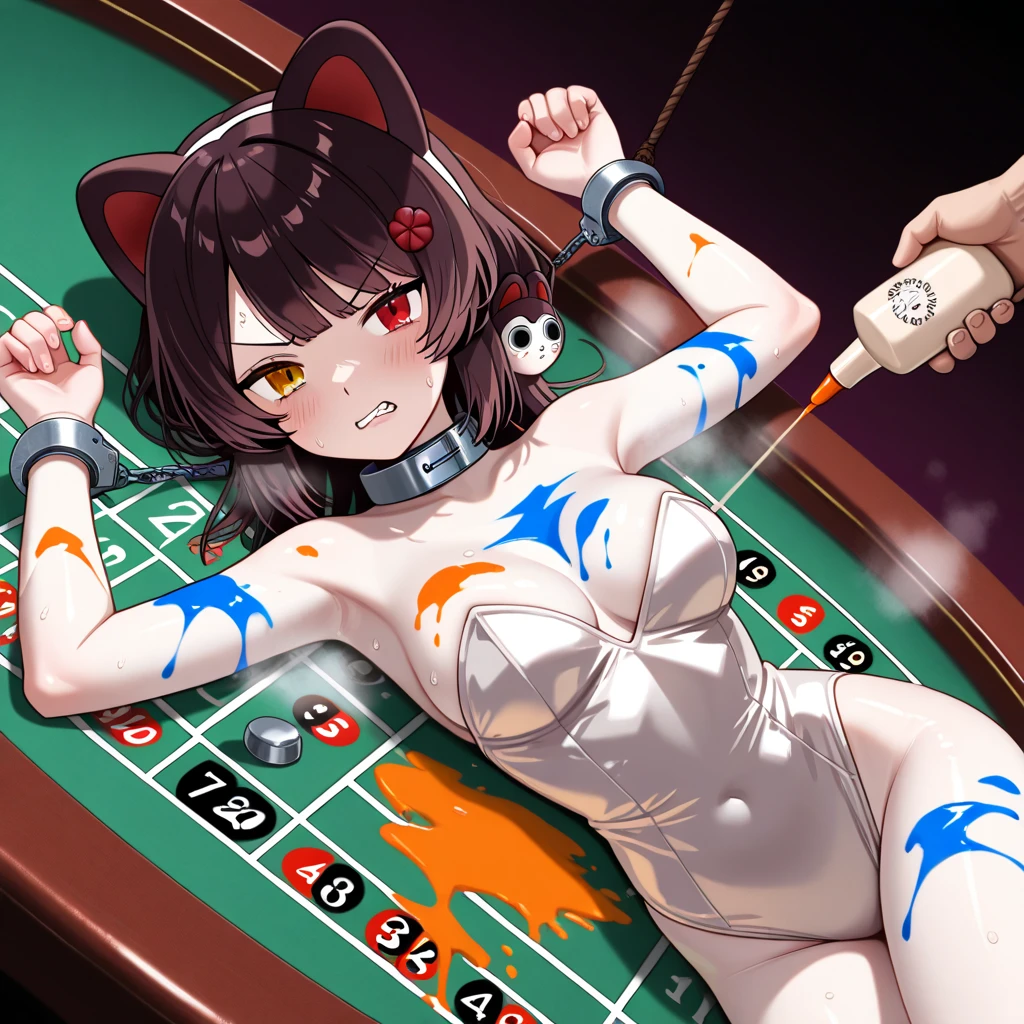 (best quality:1.2), masterpiece, Realistic, Ultra-high resolution, ((a beautiful Japanese idol 12 years old woman:1.2)), (Gaunt:1.3), (((Very flat chest:1.4))), ((Baby Face)), (show me your armpit:1.2), (sweaty armpit:1.3), ((Armpits are wet and shiny with sweat)), She has skin that sweats easily Soaking wet, Sweaty, I can see my pores, realistic, rabbit ears, black rabbit ears, fake rabbit ears, pantyhose, black pantyhose,bowtie, wrist cuffs, black leotard (casino,roulette table, poker chips, slot machine, chandelier:1.2)