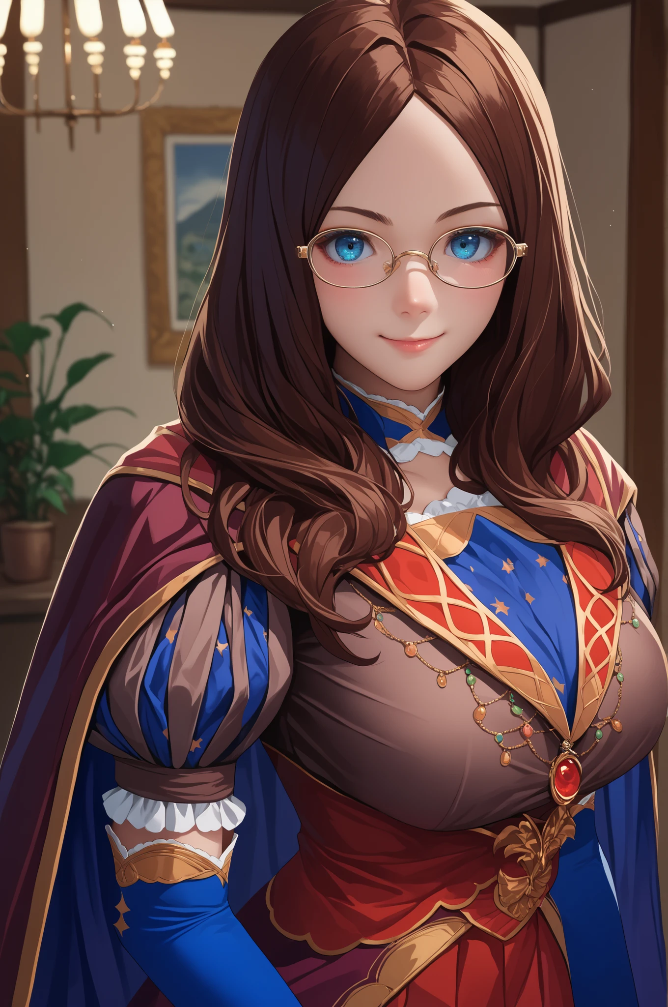 score_9, score_8_up, score_7_up, score_6_up, source_anime, 1girl, solo leodv, brown hair, long hair, parted bangs, blue eyes, glasses, brown dress, short puffy sleeves, red skirt, blue gloves, elbow gloves, blue thighhighs, cape, big breasts, looking at you, blush, indoors, , smiling, standing,