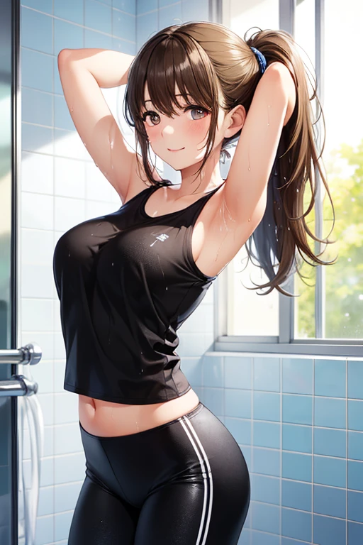 ((masterpiece,best quality anime,Highest quality:1.3)),realistic,cowboy shot,20 year old beauty,solo,1woman,((very small head:1.3)),((very long body:1.2)),ideal ratio body proportions,tan skin,brown hair,bangs,straight long hair,gorgeous eyes,brown eyes,Heavy breathing、White tank top、Light grey cotton shorts,White running shoes((slender body,skinny,toned body)),sweat:1.3,small breasts,gleaming skin,(running:1.3)、During training、Running course、playground、Tokyo、