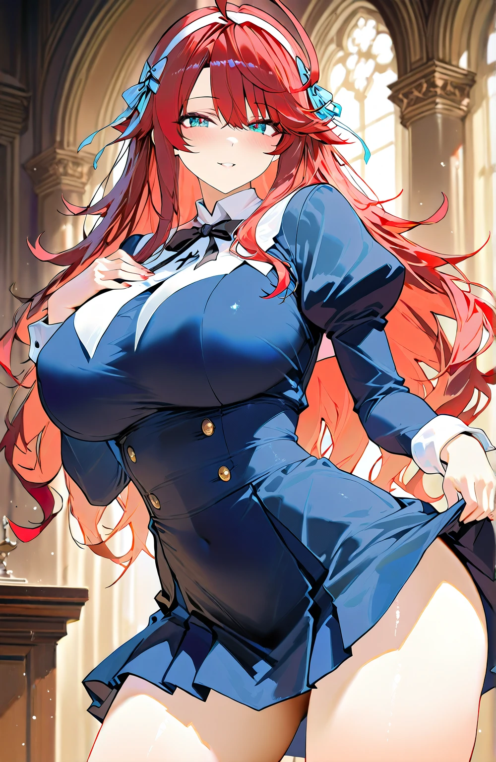 My name is Hikaru, I am a white test doll with long red hair and black eyes. I am 1.60 cm tall and weigh 56 kg. My breast sizes are 300 cm, my waist is 60 cm and my hips are 200 cm. Dressed in a long blue jacket and a garter belt along with a black thong. With big breasts 310 cm .