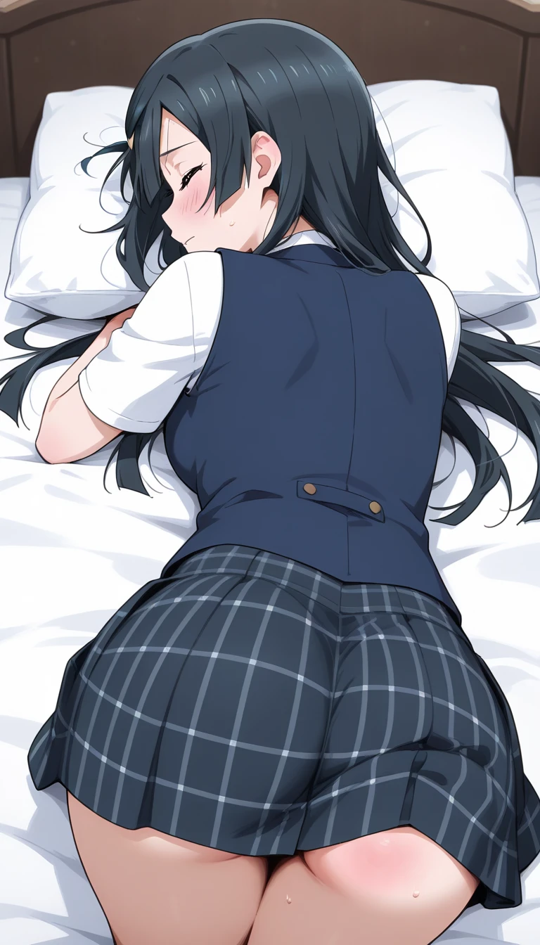 A beautiful schoolgirl got on all fours and turned her back, a man touches her ass, The girl is crying, girl on the bed, man spreads girl's ass