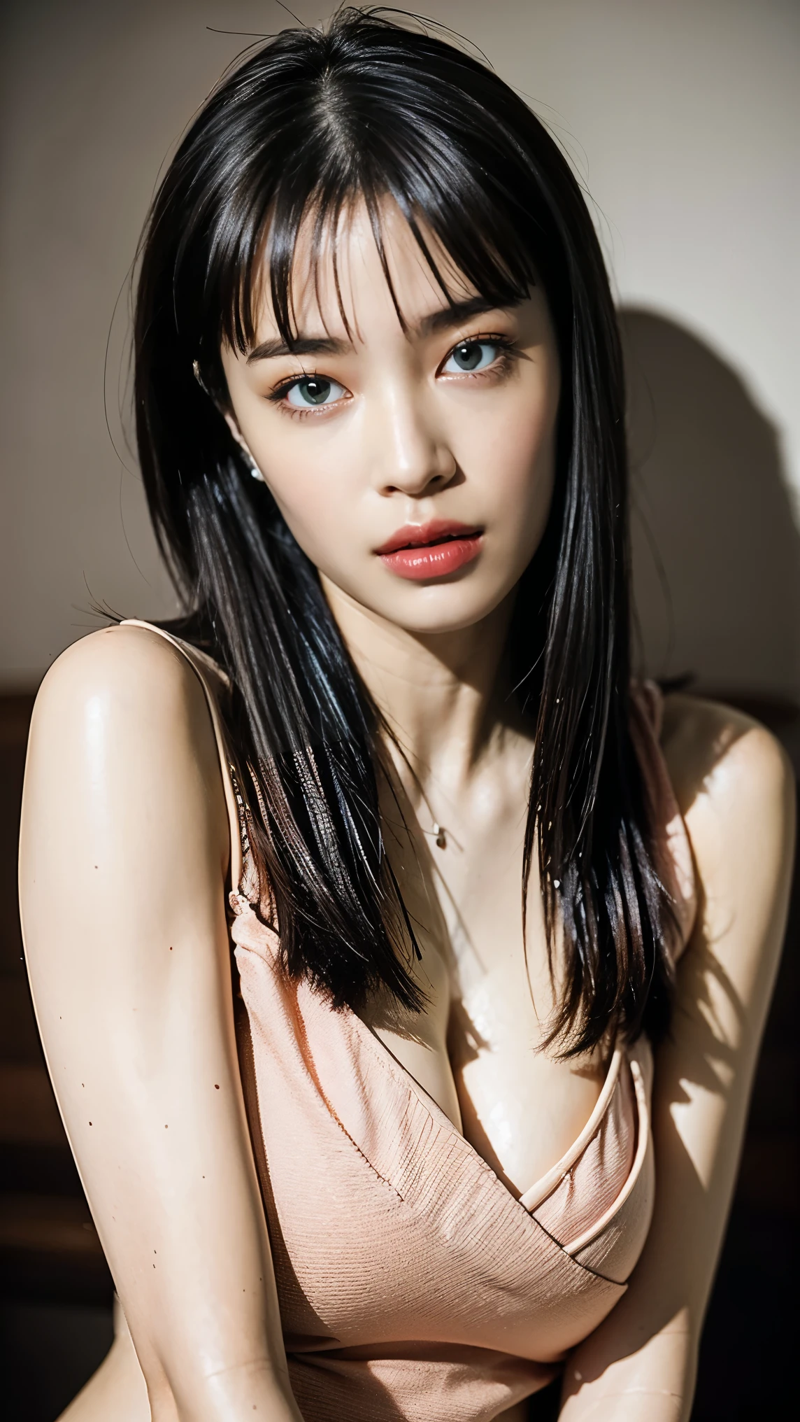 bestquality, masterpiece, ultra-high resolution, (photorealistic portrait:1.4), RAW photo, 1girls, stand, full entire body, Black Hair, long-haired, very long hair, Prominent faces, Blue Eyes, Detailed eyes and face, large boobs, Slim, flat abdomen, Long slender legs.., tip of toe, Bend your knees slightly.., dynamic poses, Dynamic lighting, In the dark, Deep Shadows, Cowboy shoots full body